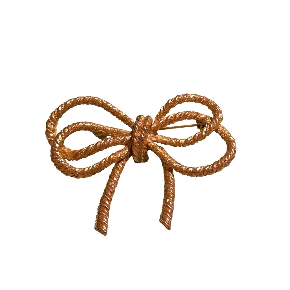 Vintage Gold Tone Twisted Rope Bow Brooch Pin 80s Textured Ribbon Statement